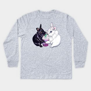 Boba bunnies - bunny rabbits sipping bubble tea - pair of cute furry ebony and snow colored coloured lionhead bunny rabbit Kids Long Sleeve T-Shirt